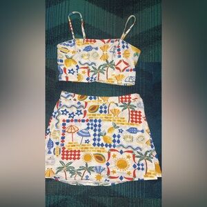 Tropical Floral Linen Blend Wrap Skirt 
 Two-Piece Set